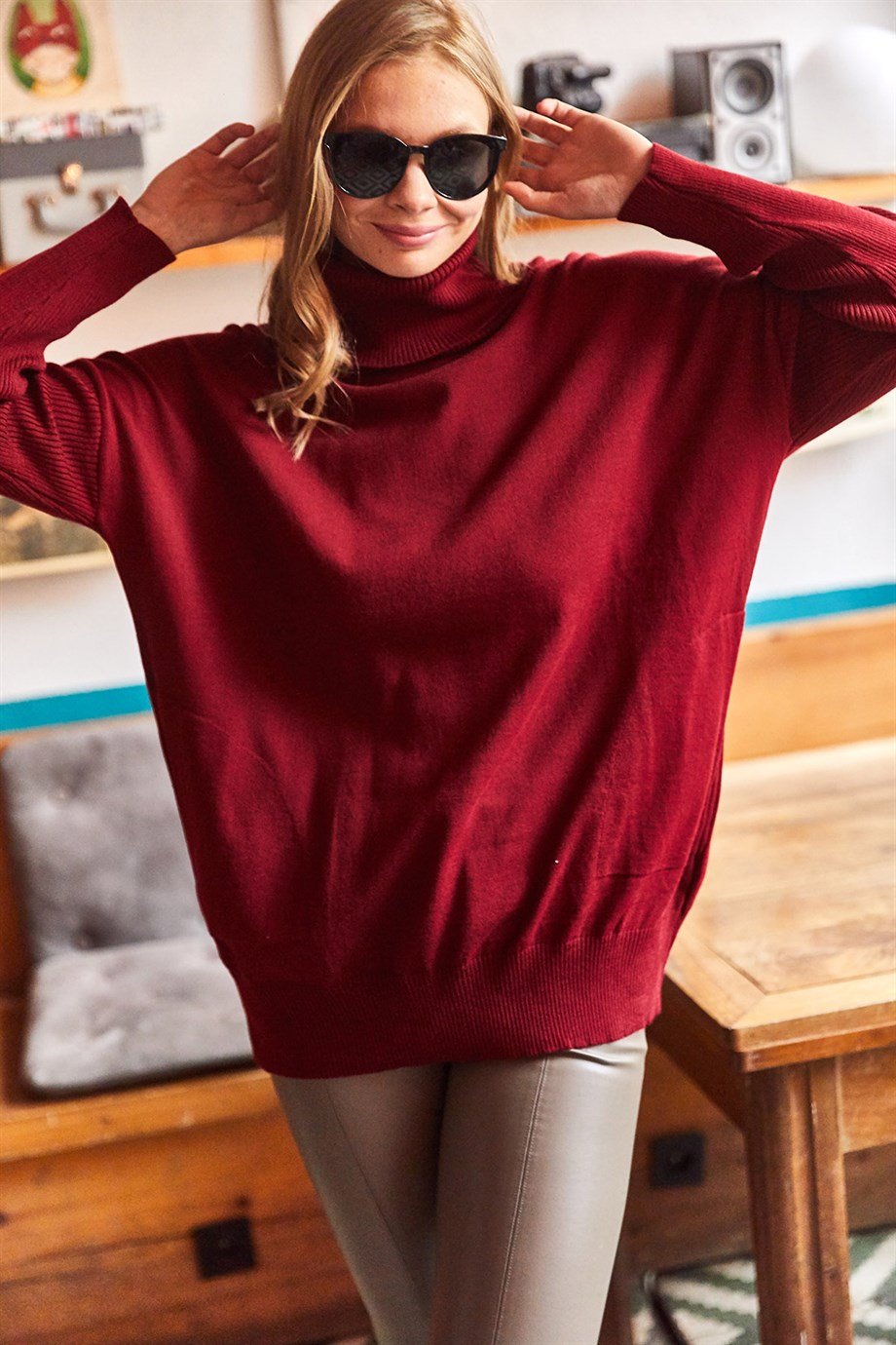Degaje Yaka Gizli Cepli Oversize Triko Bluz Bordo