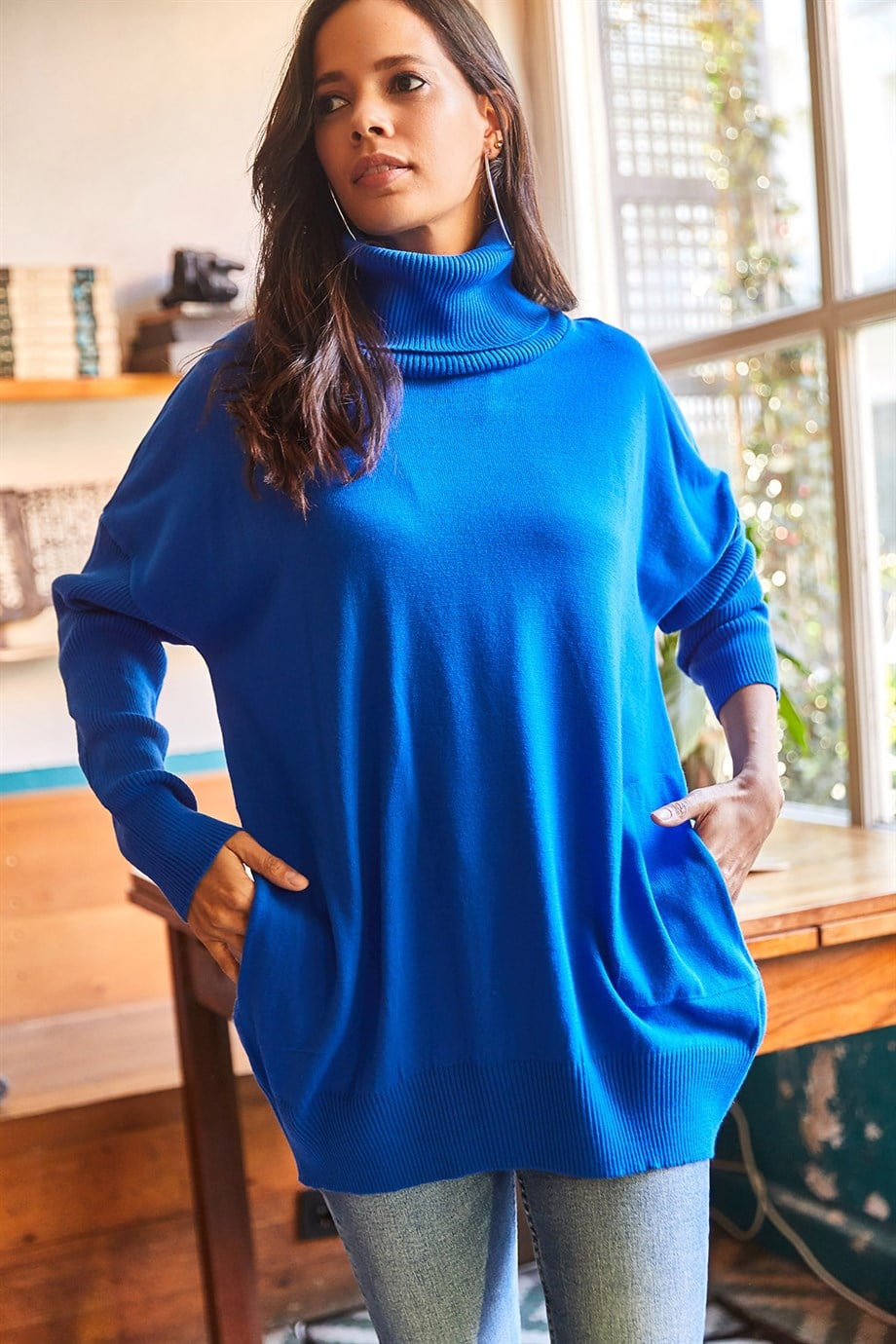 Degaje Yaka Gizli Cepli Oversize Triko Bluz Saks Mavi