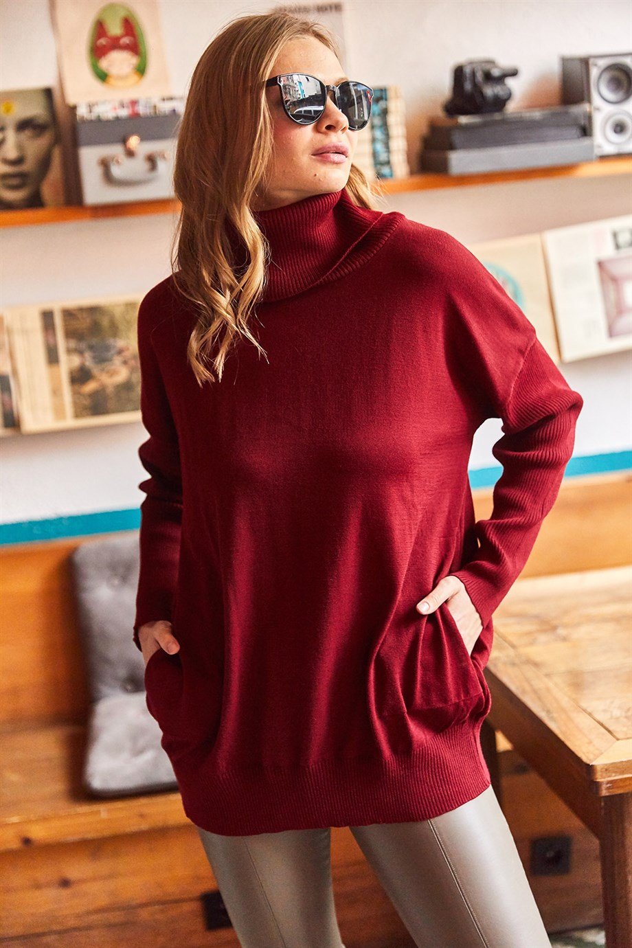 Degaje Yaka Gizli Cepli Oversize Triko Bluz Bordo