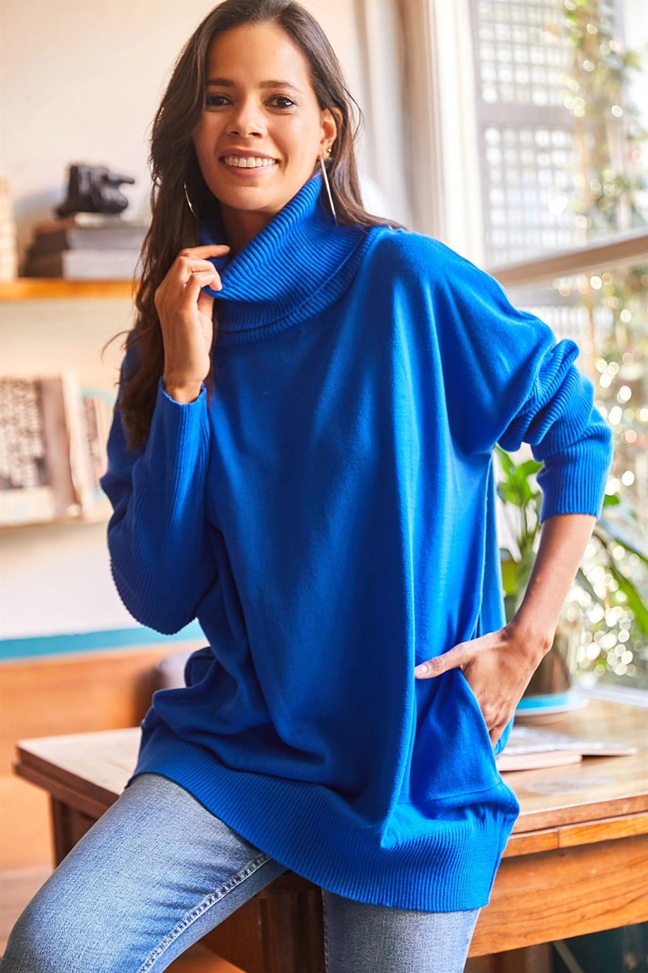 Degaje Yaka Gizli Cepli Oversize Triko Bluz Saks Mavi
