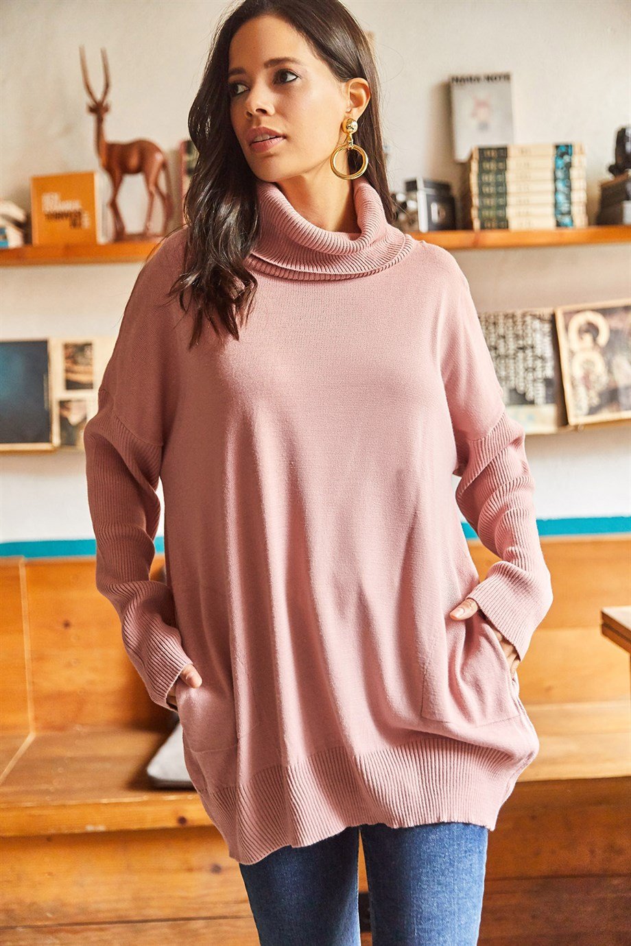 Degaje Yaka Gizli Cepli Oversize Triko Bluz Gül Kurusu