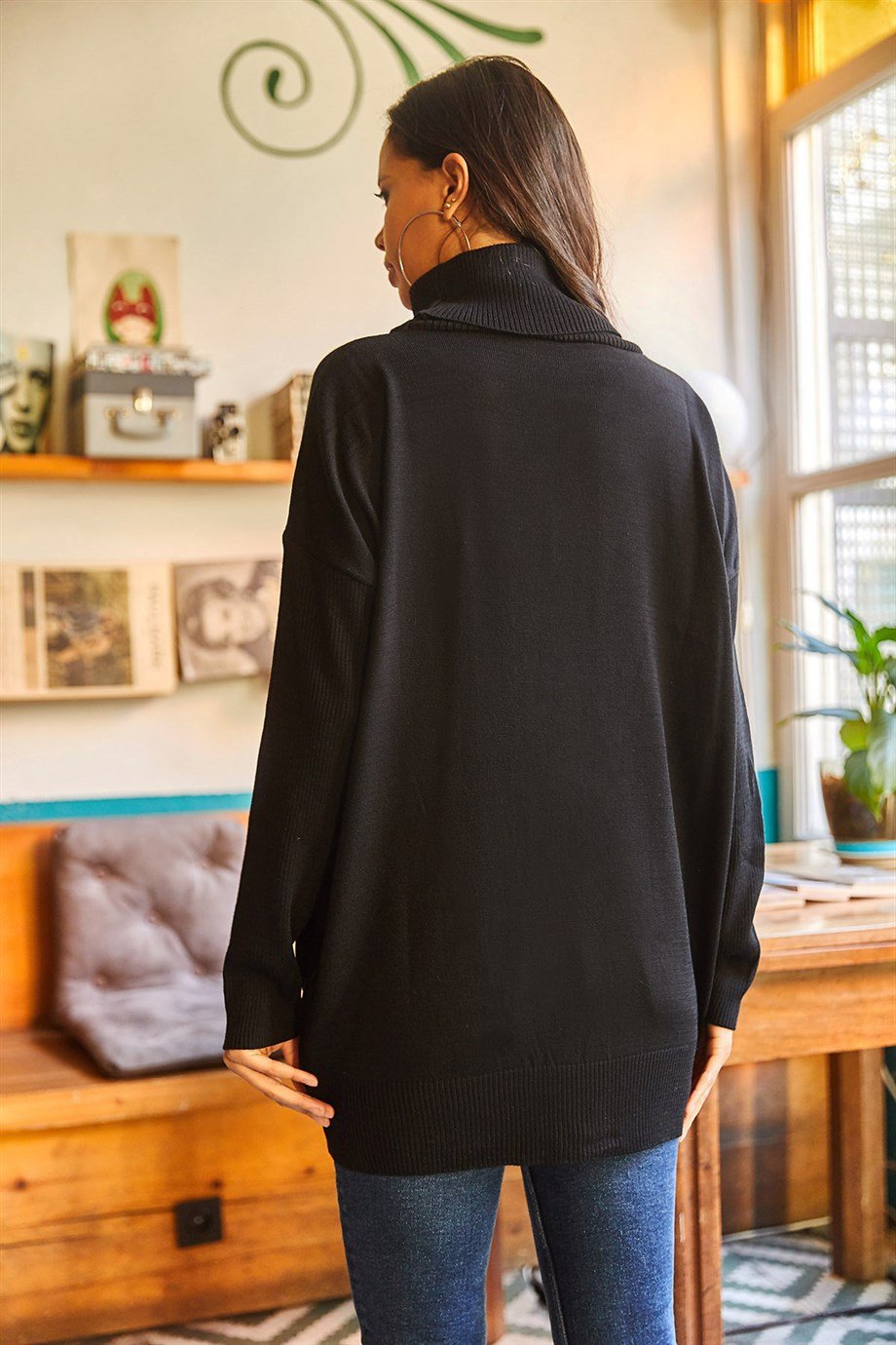 Degaje Yaka Gizli Cepli Oversize Triko Bluz Siyah
