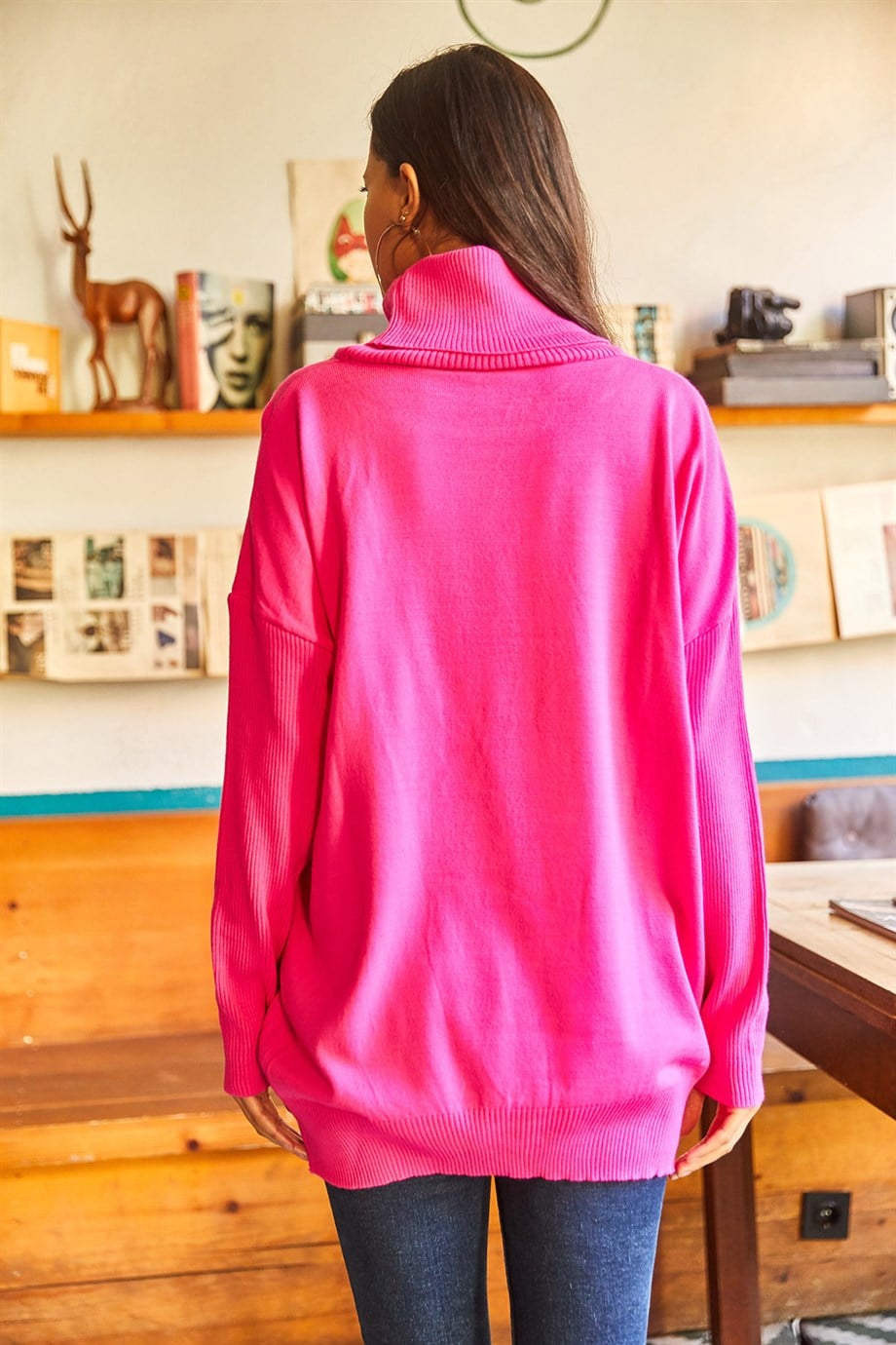 Degaje Yaka Gizli Cepli Oversize Triko Bluz Neon Fuşya