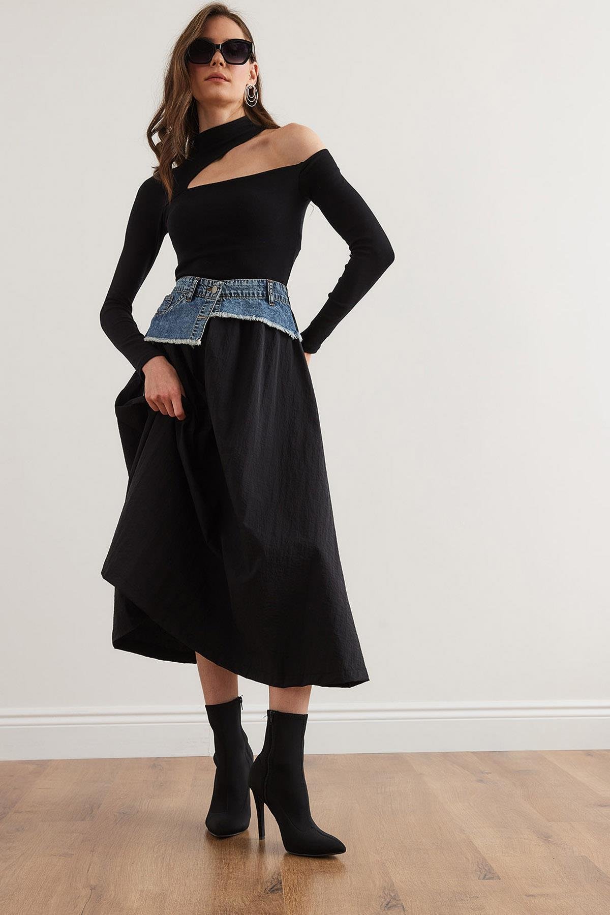 Denim Detaylı Cepli Paraşüt Çan Etek Siyah Mavi