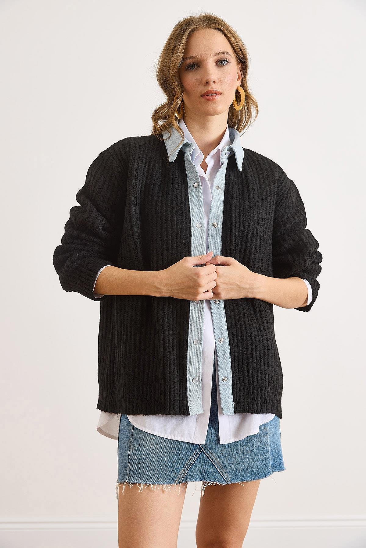 Denim Detaylı Çıtçıtlı Triko Gömlek Hırka Siyah