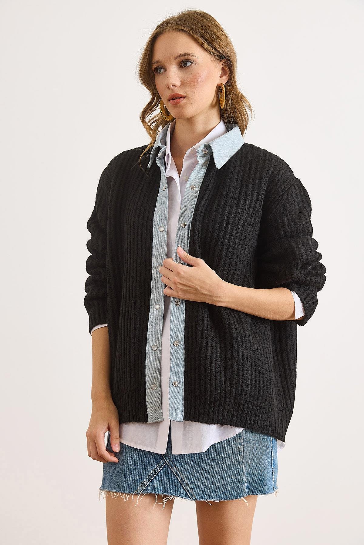 Denim Detaylı Çıtçıtlı Triko Gömlek Hırka Siyah