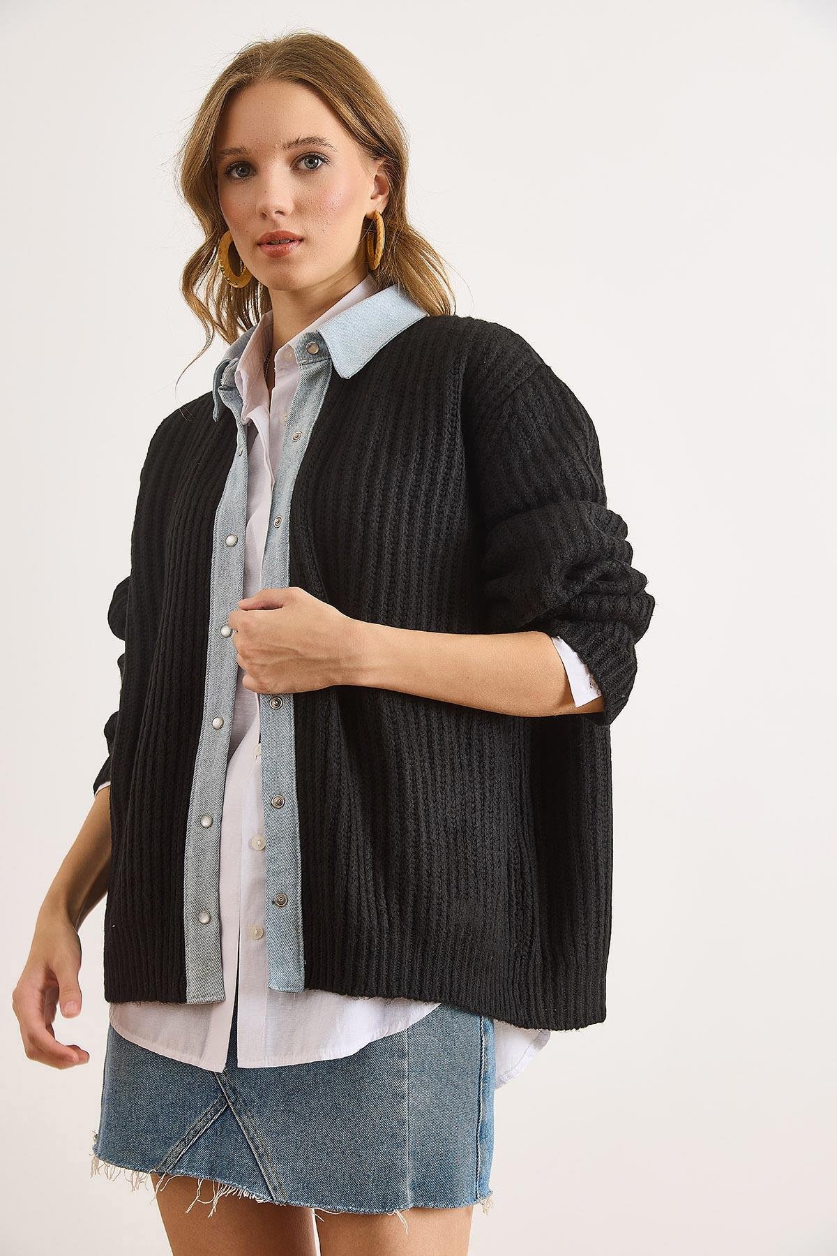 Denim Detaylı Çıtçıtlı Triko Gömlek Hırka Siyah