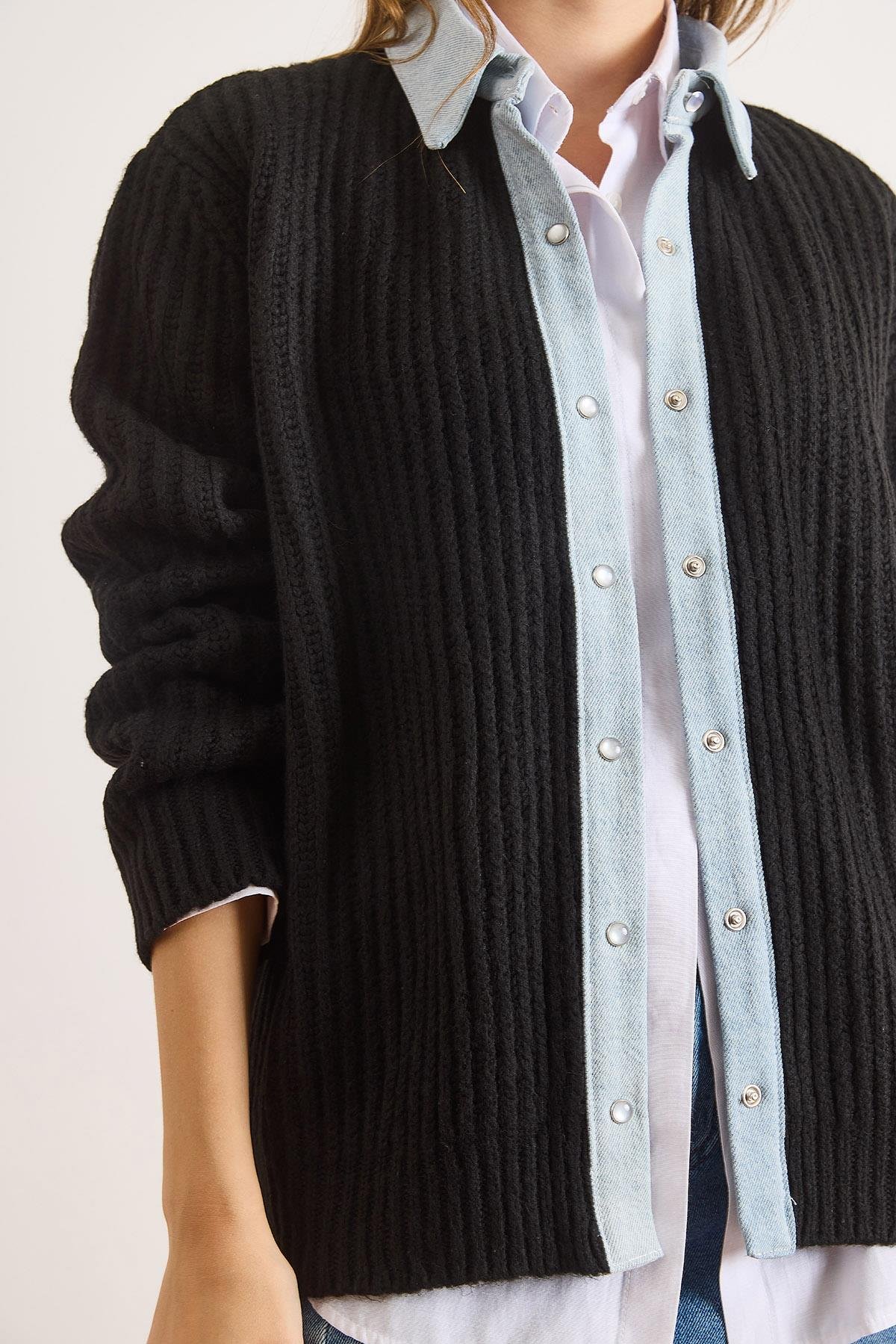 Denim Detaylı Çıtçıtlı Triko Gömlek Hırka Siyah