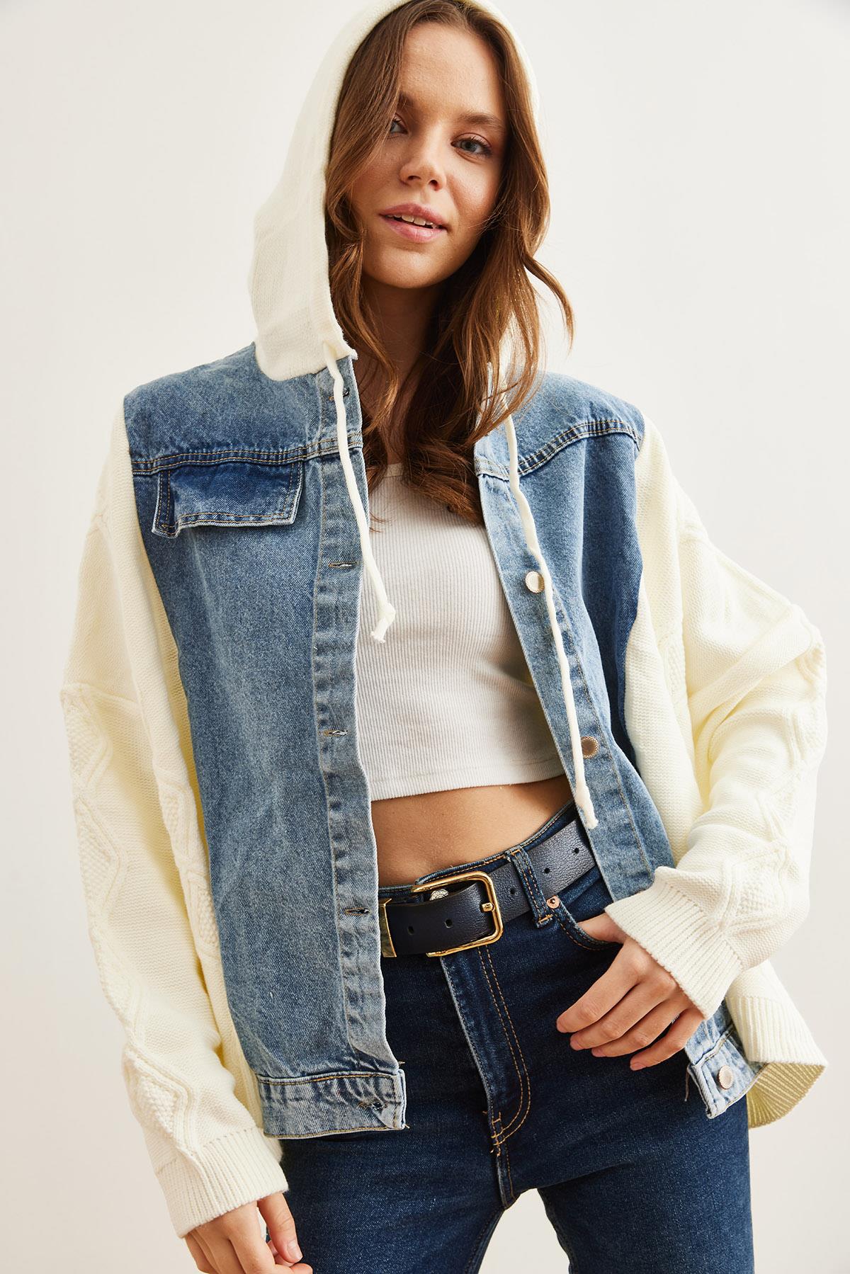 Denim Detaylı Kapüşonlu Triko Hırka Ekru mavi