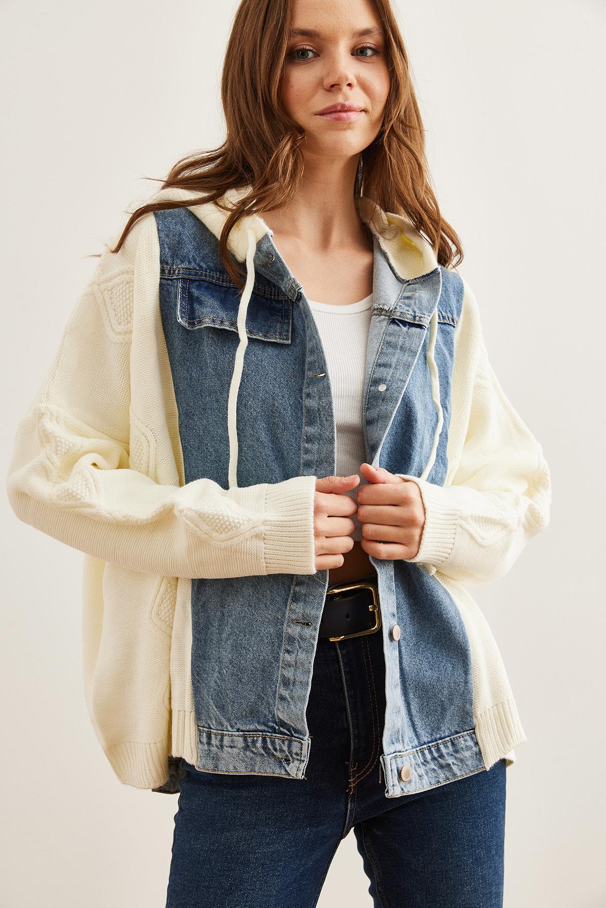Denim Detaylı Kapüşonlu Triko Hırka Ekru mavi
