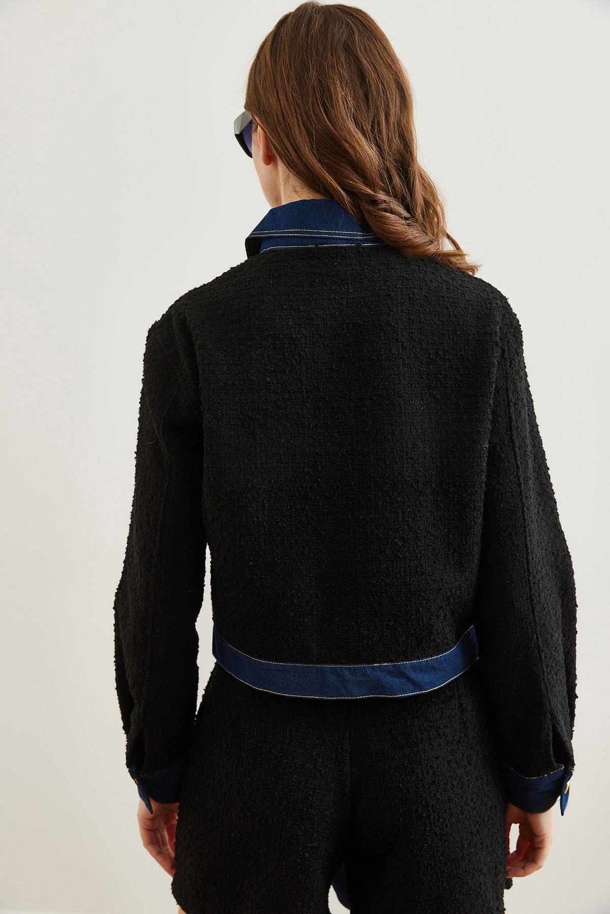 Denim Detaylı Şanel Ceket Siyah
