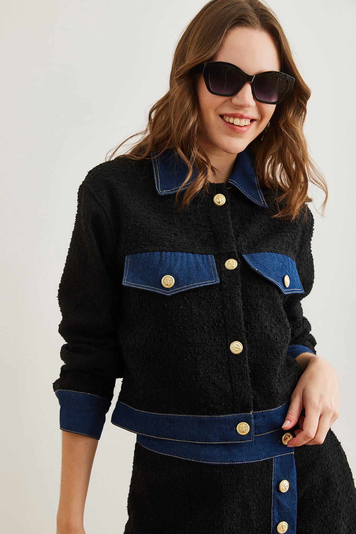 Denim Detaylı Şanel Ceket Siyah