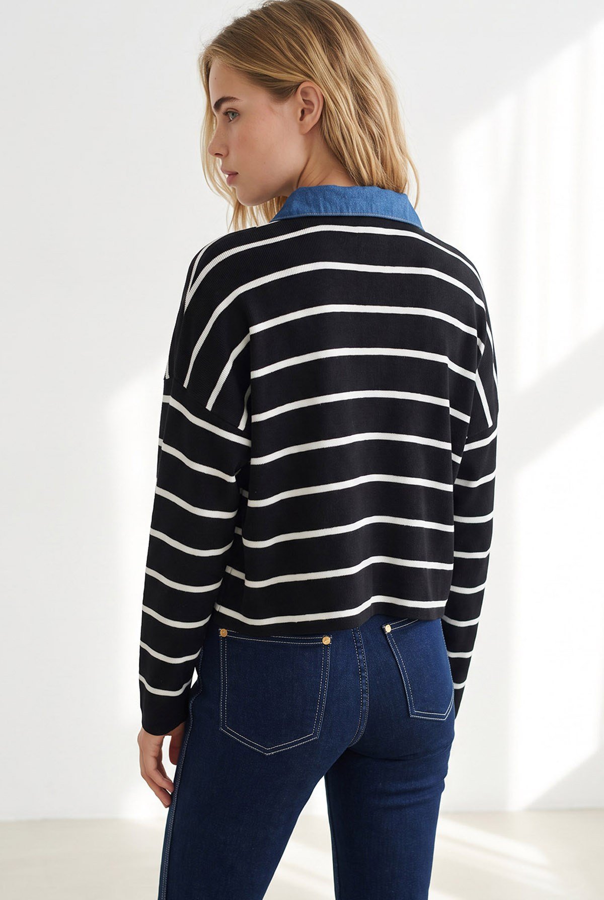 Denim Garnili Cepli Çizgili Crop Hırka Siyah