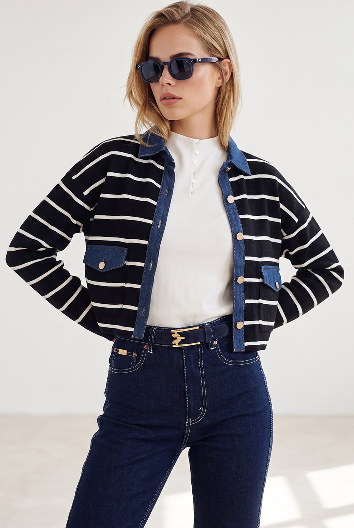 Denim Garnili Cepli Çizgili Crop Hırka Siyah