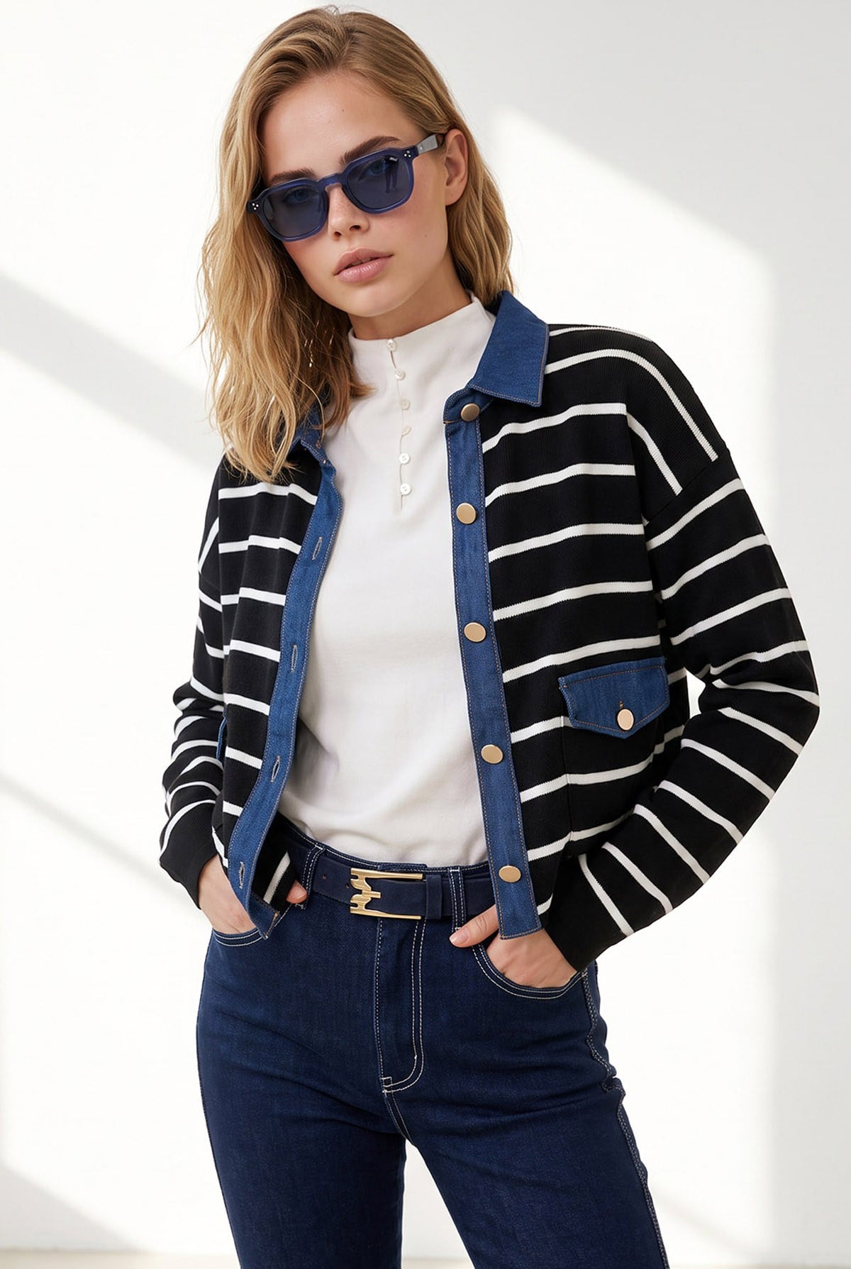 Denim Garnili Cepli Çizgili Crop Hırka Siyah