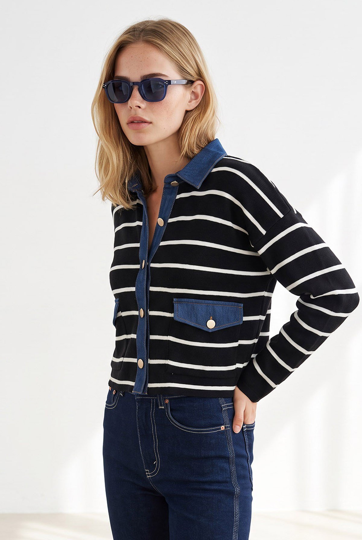 Denim Garnili Cepli Çizgili Crop Hırka Siyah