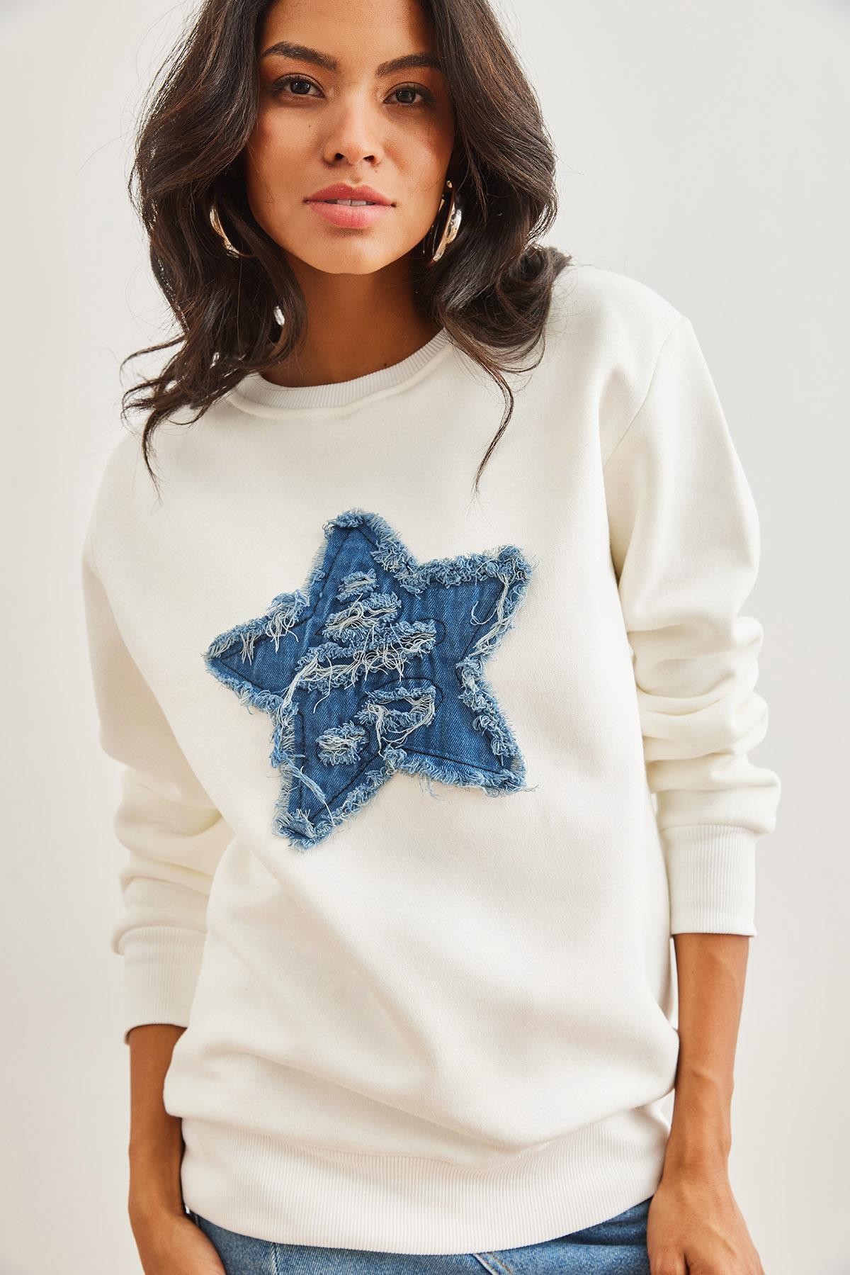 Denim Kalp Garnili Şardonlu Kalın Sweatshirt Ekru