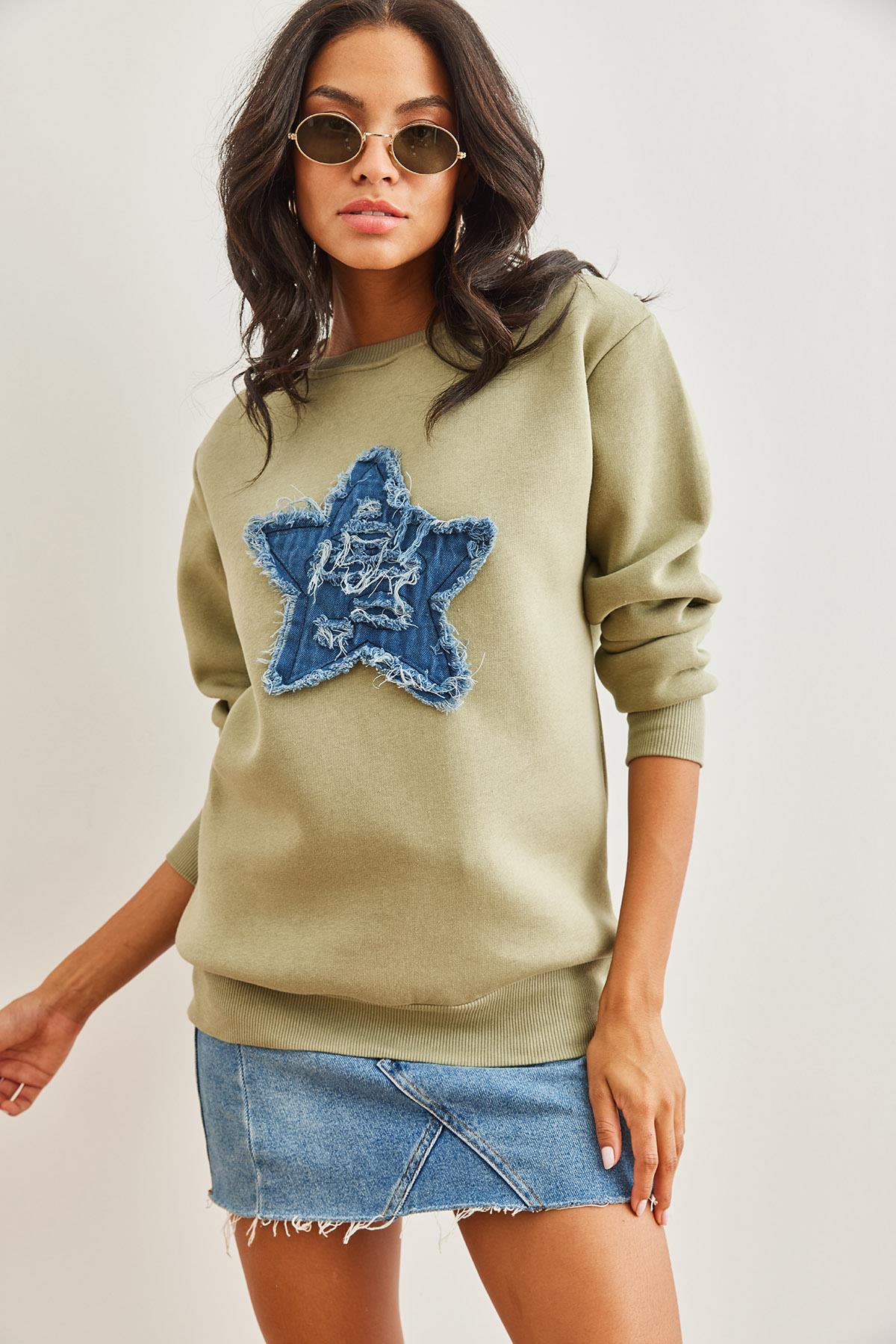 Denim Kalp Garnili Şardonlu Kalın Sweatshirt Haki
