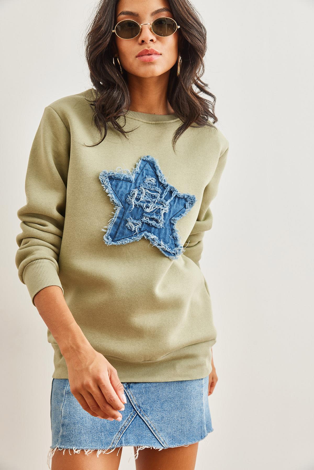Denim Kalp Garnili Şardonlu Kalın Sweatshirt Haki
