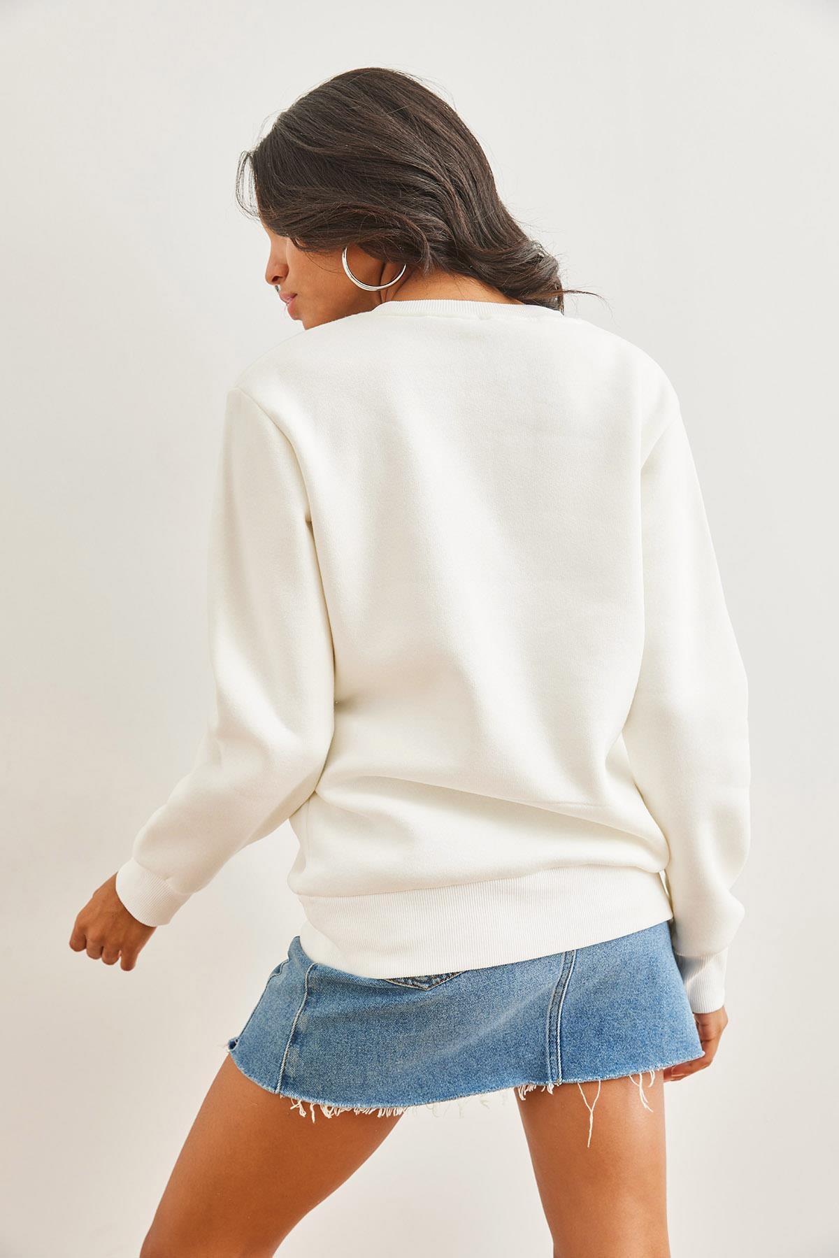 Denim Kalp Garnili Şardonlu Kalın Sweatshirt Ekru