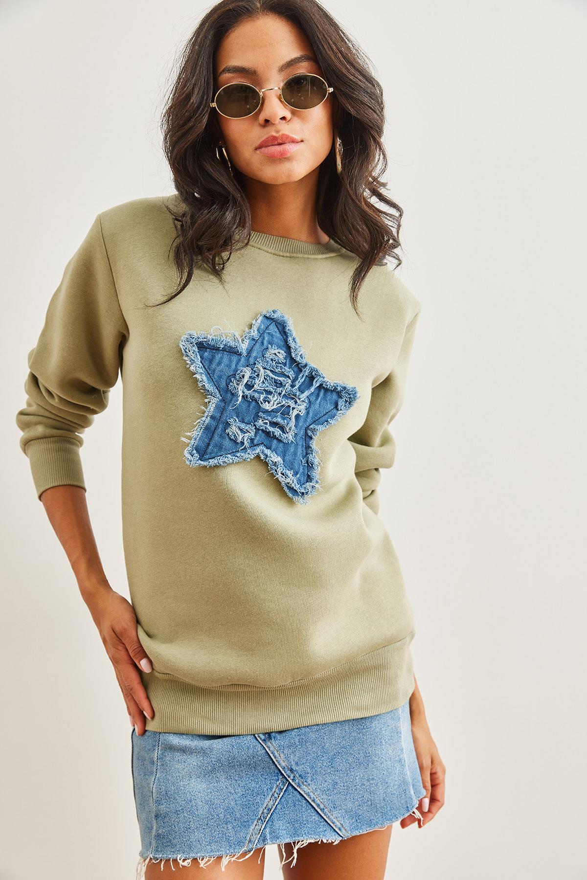 Denim Kalp Garnili Şardonlu Kalın Sweatshirt Haki