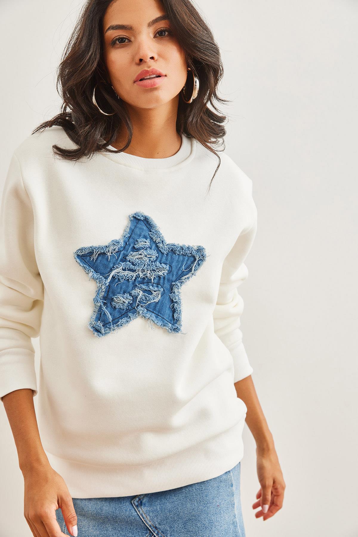Denim Kalp Garnili Şardonlu Kalın Sweatshirt Ekru