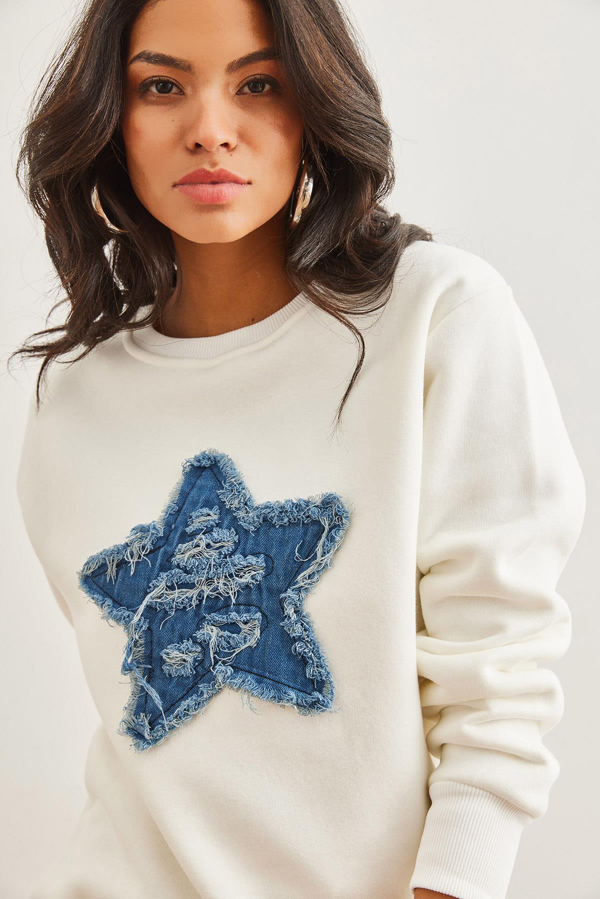 Denim Kalp Garnili Şardonlu Kalın Sweatshirt Ekru