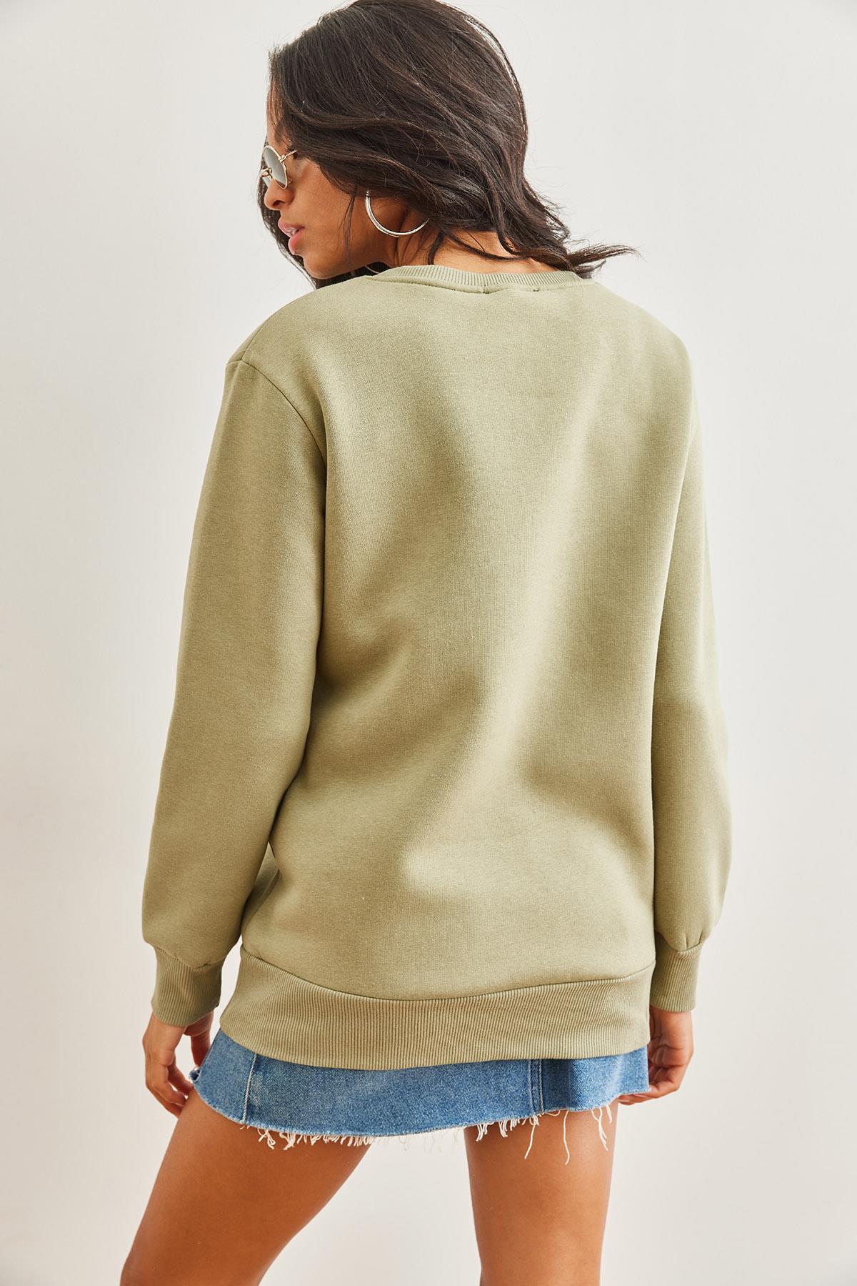 Denim Kalp Garnili Şardonlu Kalın Sweatshirt Haki