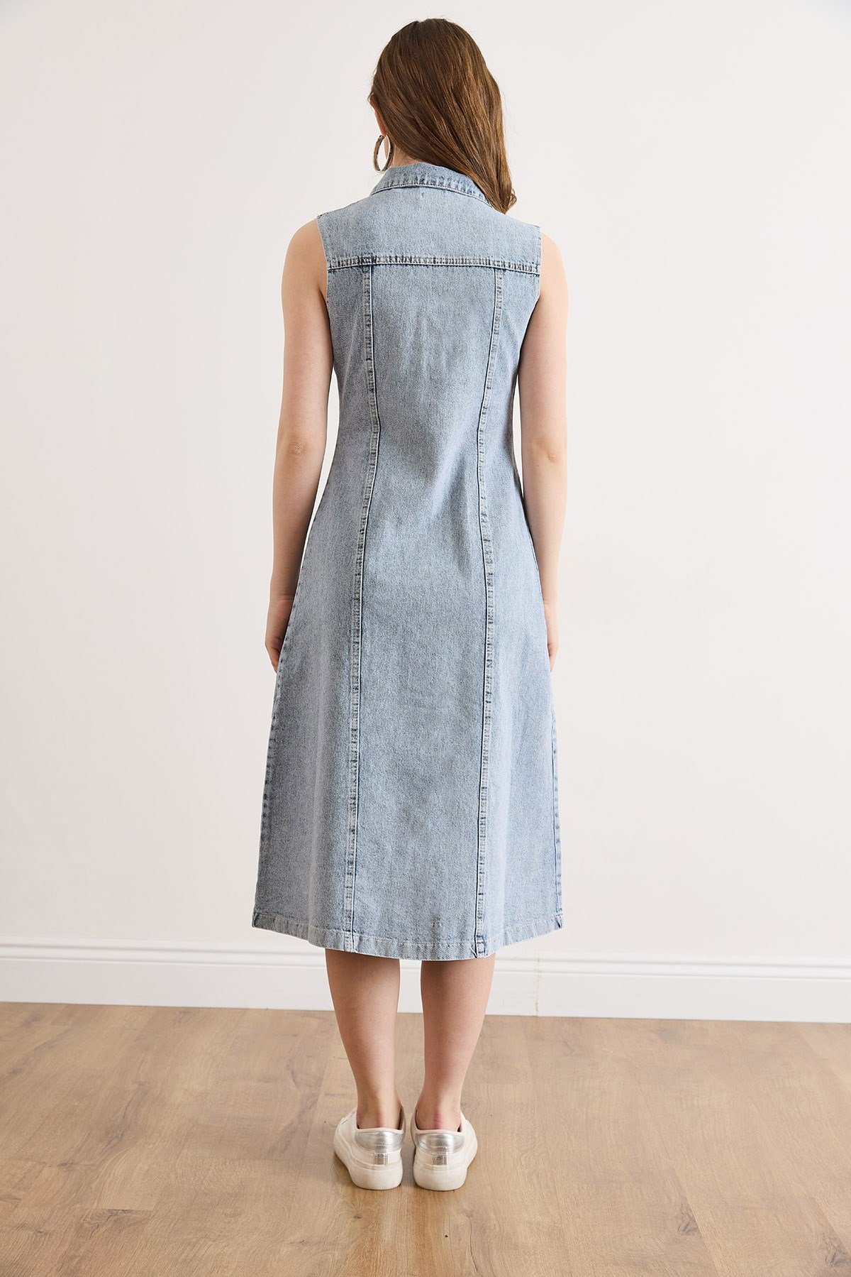 Denim Kolsuz Yıkamalı Midi Gömlek Elbise Açık Mavi