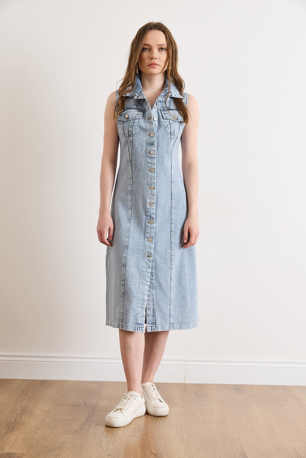 Denim Kolsuz Yıkamalı Midi Gömlek Elbise Açık Mavi