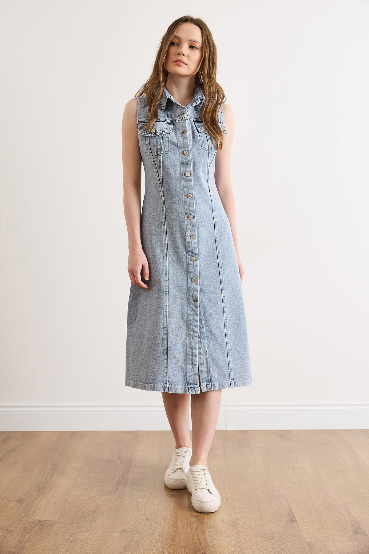 Denim Kolsuz Yıkamalı Midi Gömlek Elbise Açık Mavi