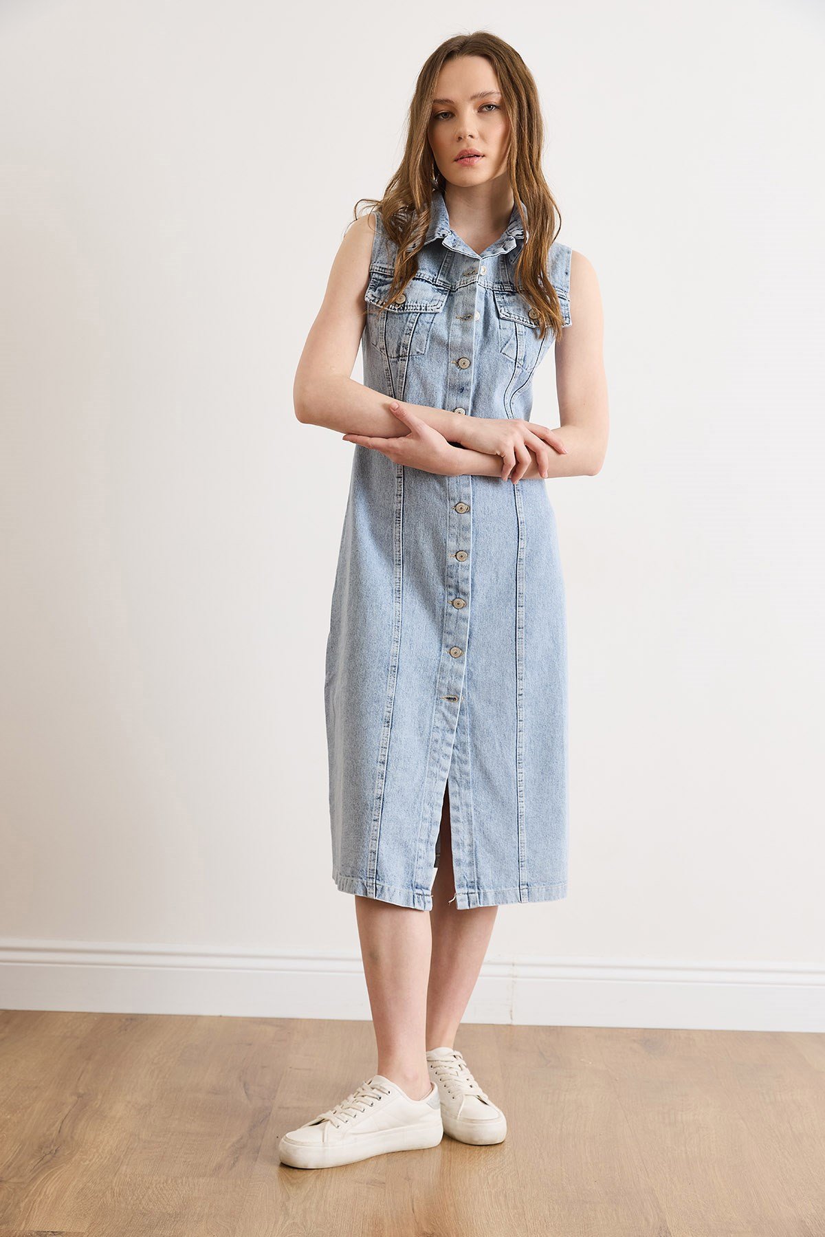Denim Kolsuz Yıkamalı Midi Gömlek Elbise Açık Mavi