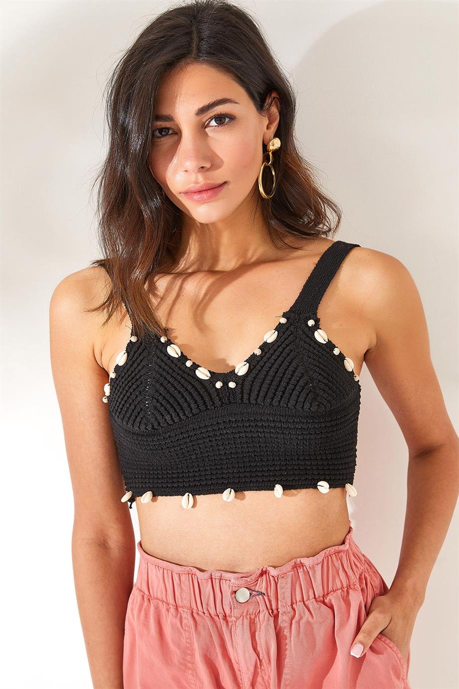 Deniz Kabuğu Detaylı Crop Pamuk Bluz Siyah