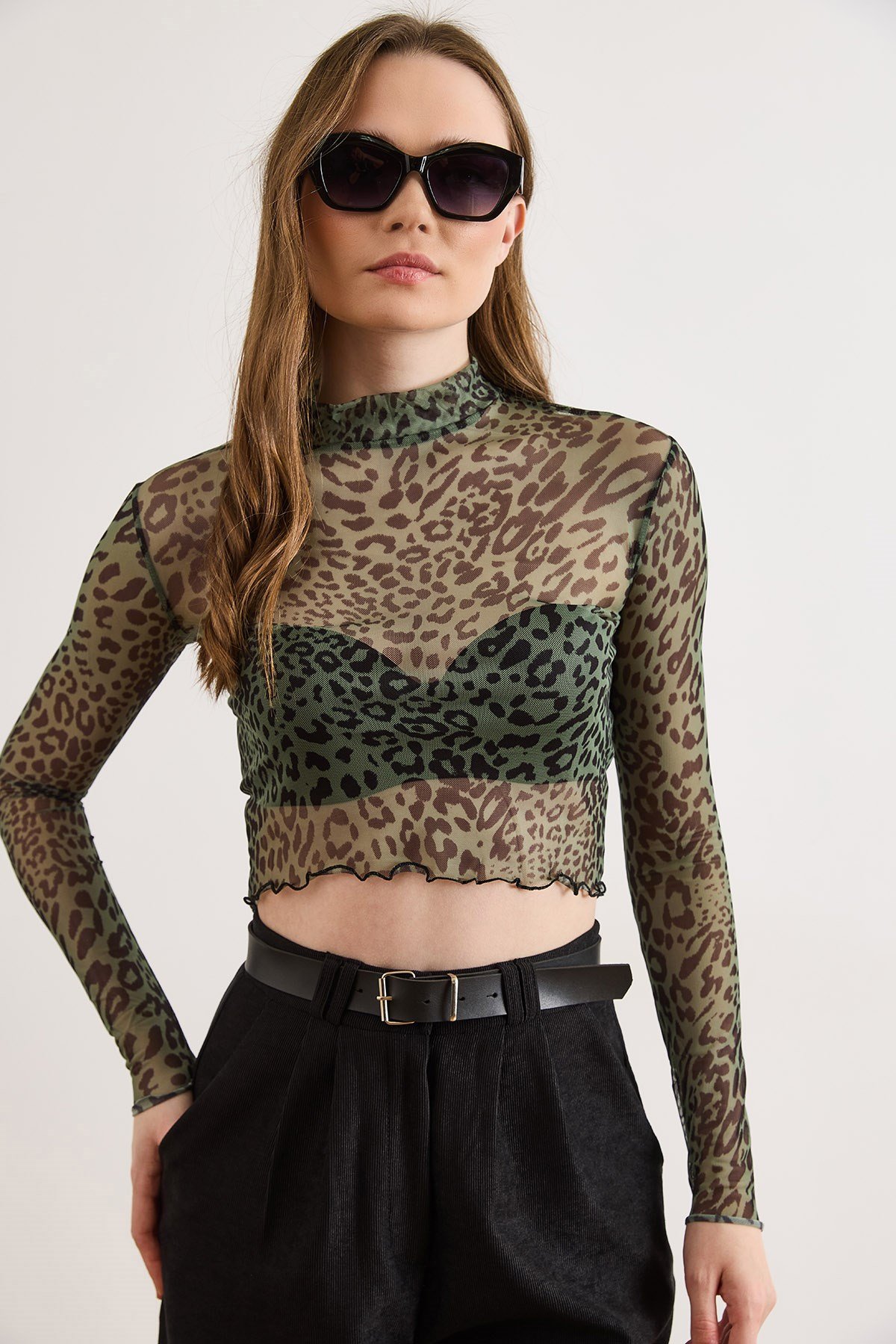 Desenli Crop Esnek Tül Bluz Yeşil Leopar