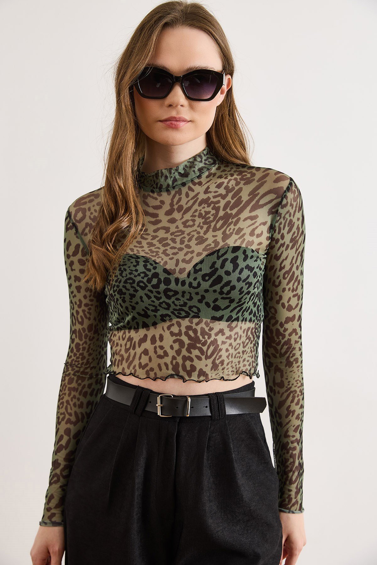 Desenli Crop Esnek Tül Bluz Yeşil Leopar