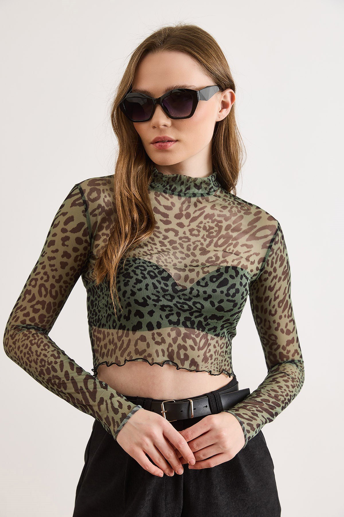 Desenli Crop Esnek Tül Bluz Yeşil Leopar
