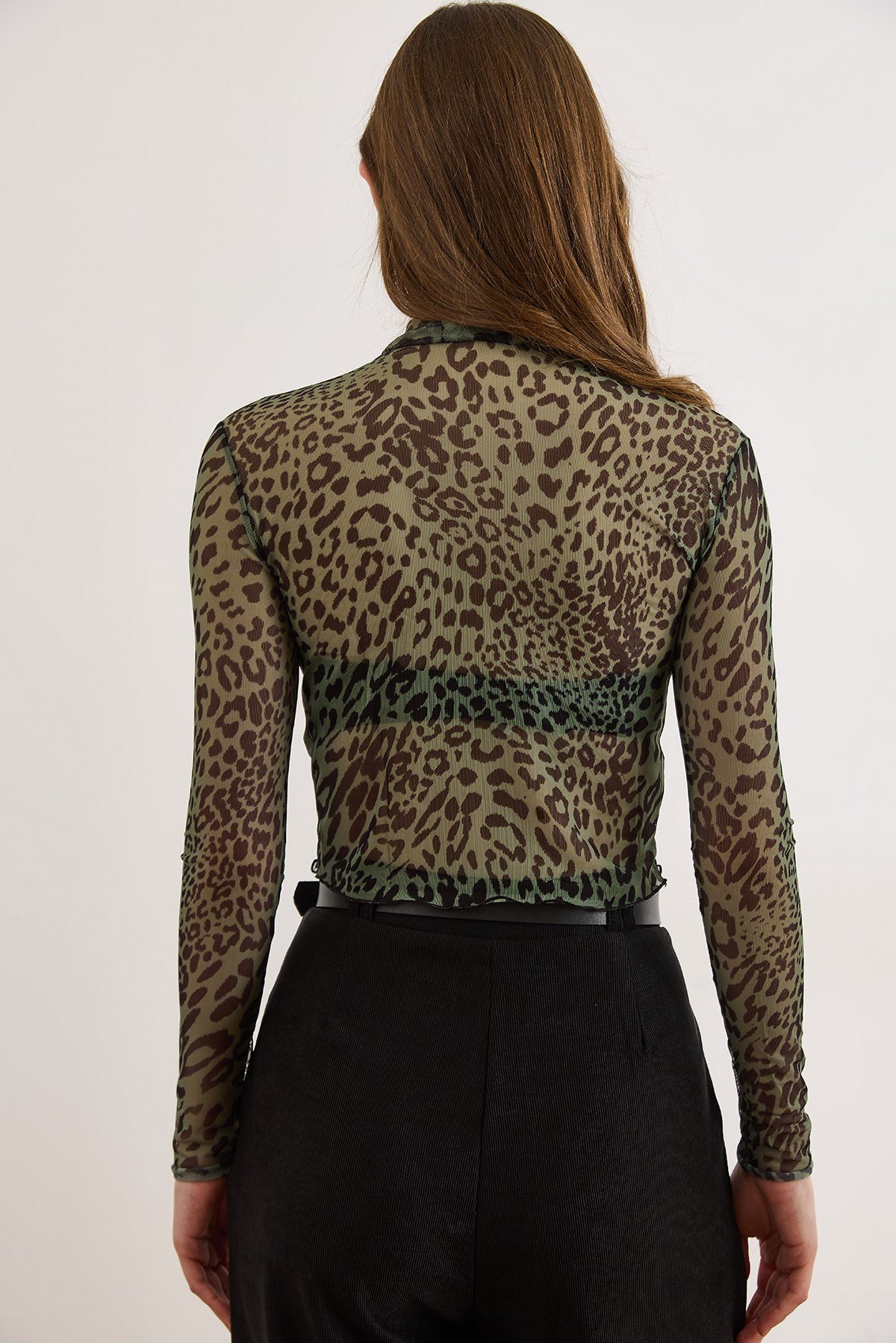 Desenli Crop Esnek Tül Bluz Yeşil Leopar
