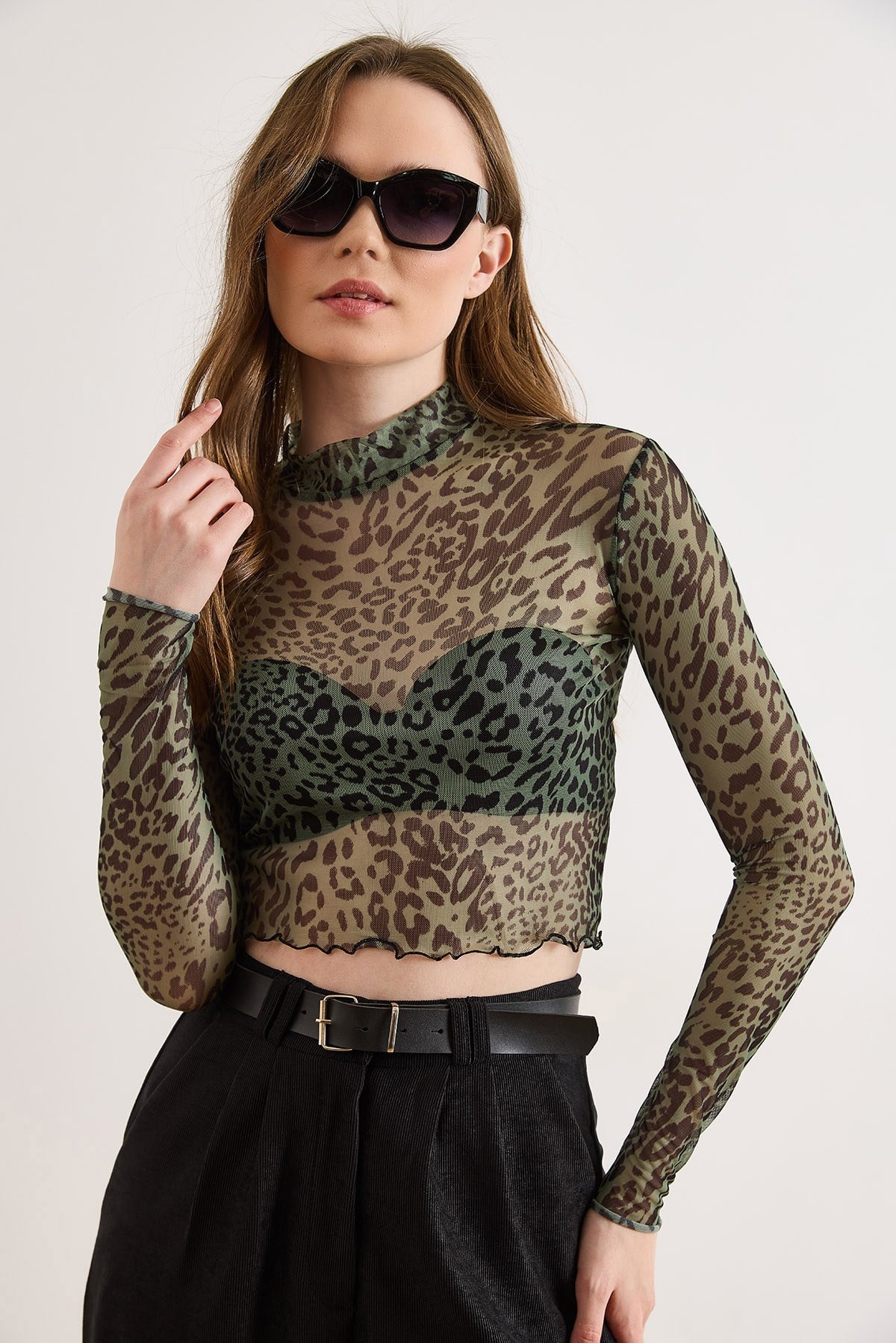 Desenli Crop Esnek Tül Bluz Yeşil Leopar