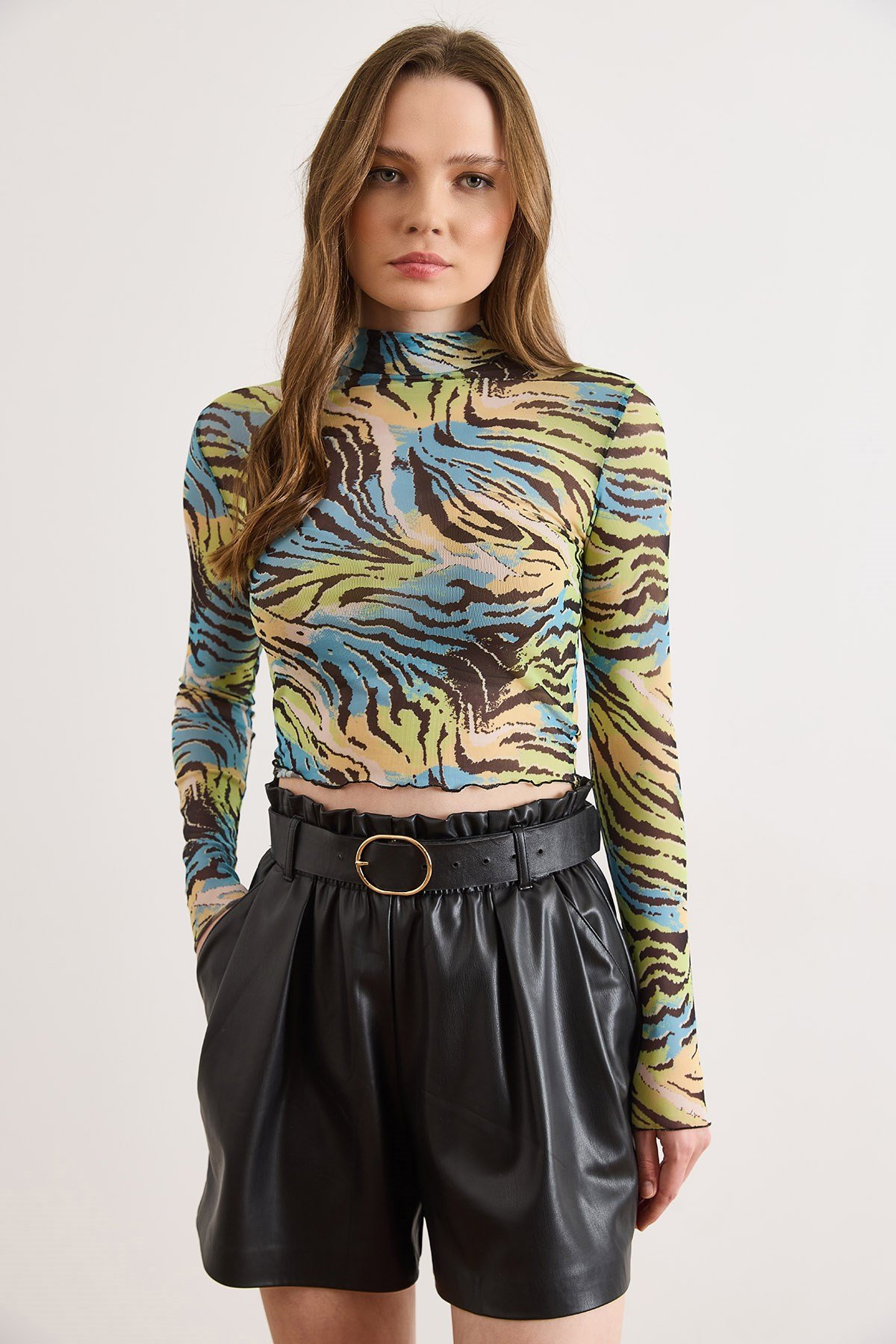 Desenli Crop Esnek Tül Bluz Zebra Yeşil