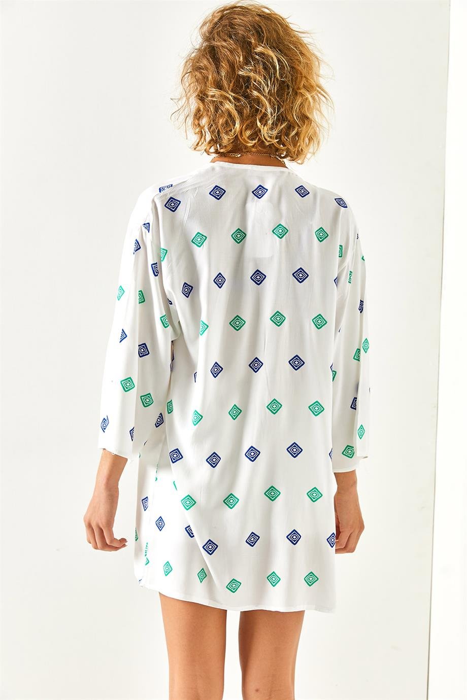 Desenli Dokuma Viskon Kimono Geometrik Saks Mavi