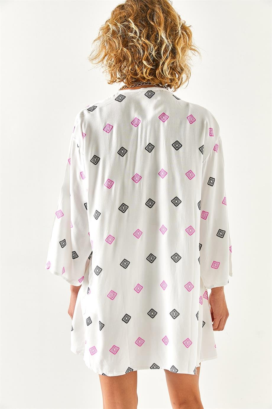 Desenli Dokuma Viskon Kimono Geometrik Pembe