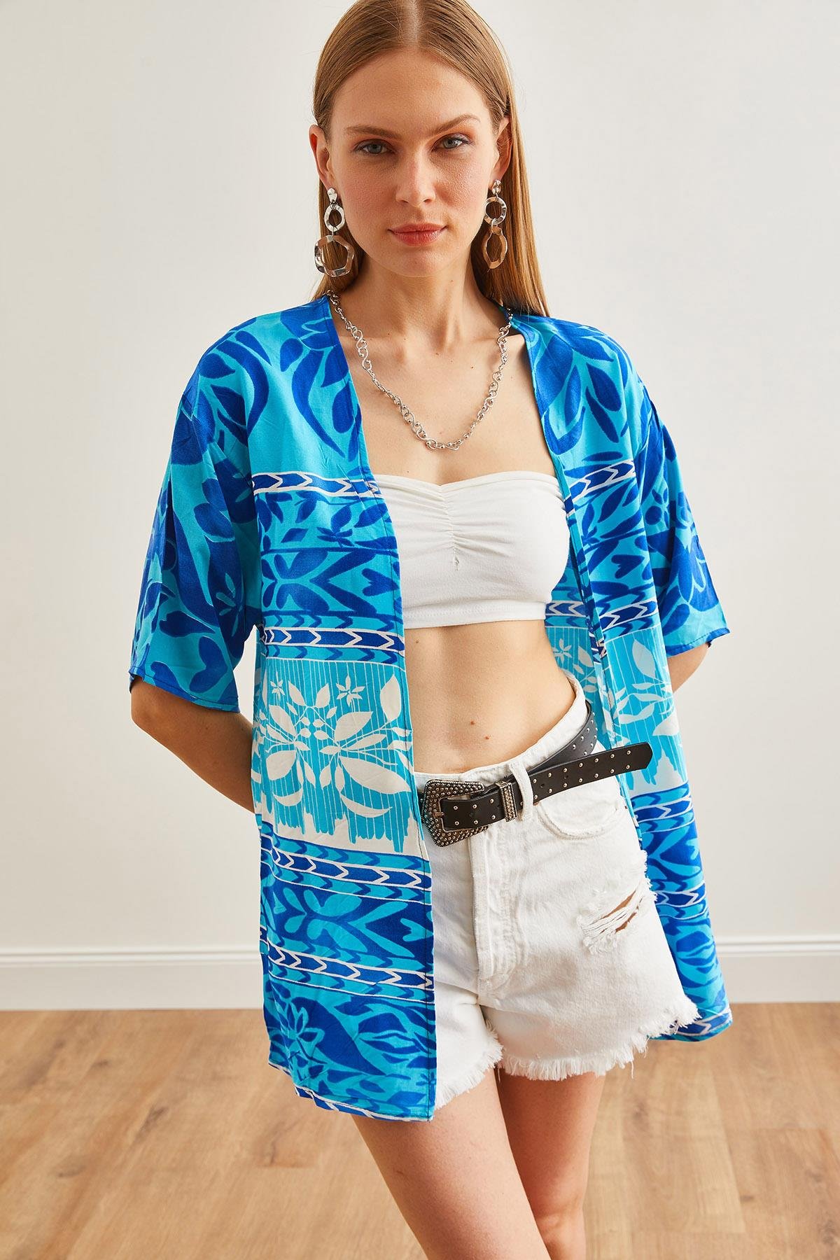 Desenli Dokuma Viskon Kimono Mavi