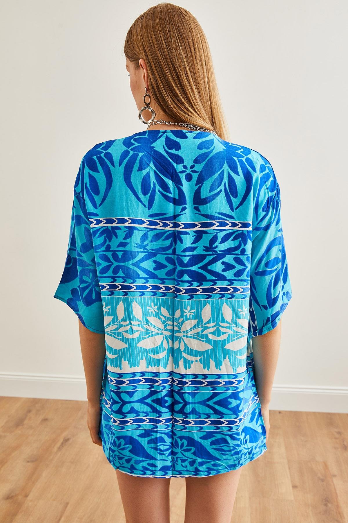 Desenli Dokuma Viskon Kimono Mavi