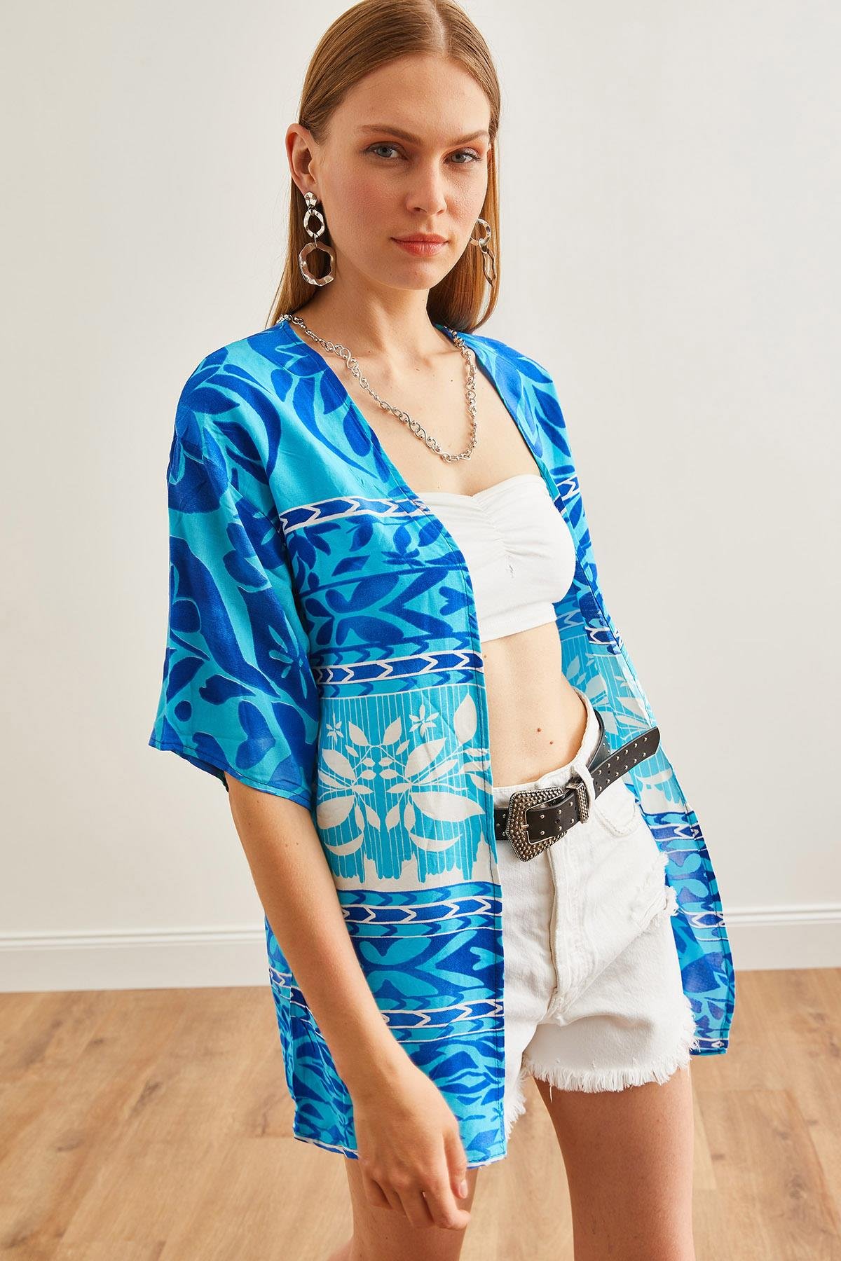 Desenli Dokuma Viskon Kimono Mavi