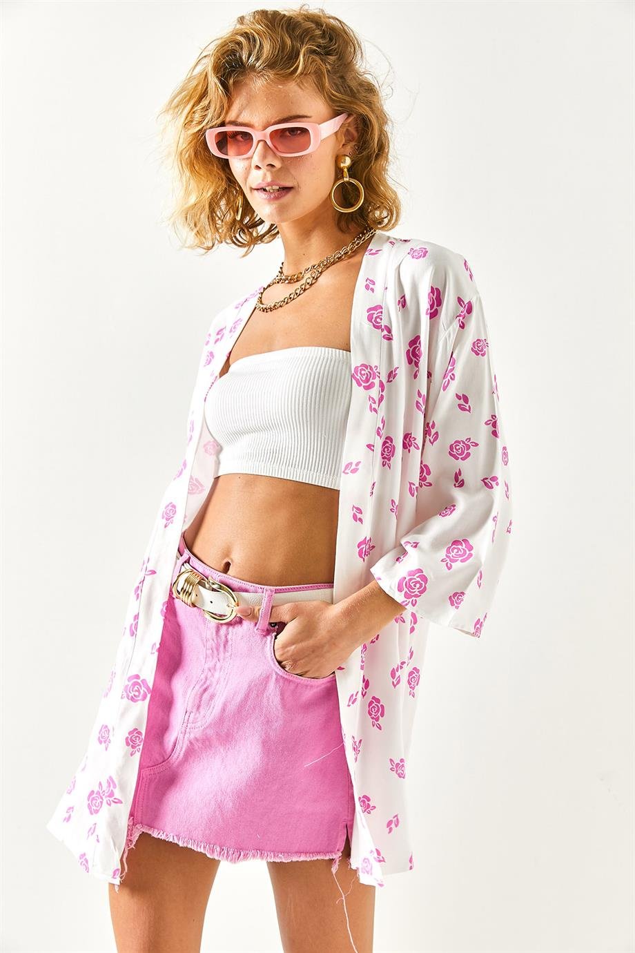 Desenli Dokuma Viskon Kimono Pembe Gül
