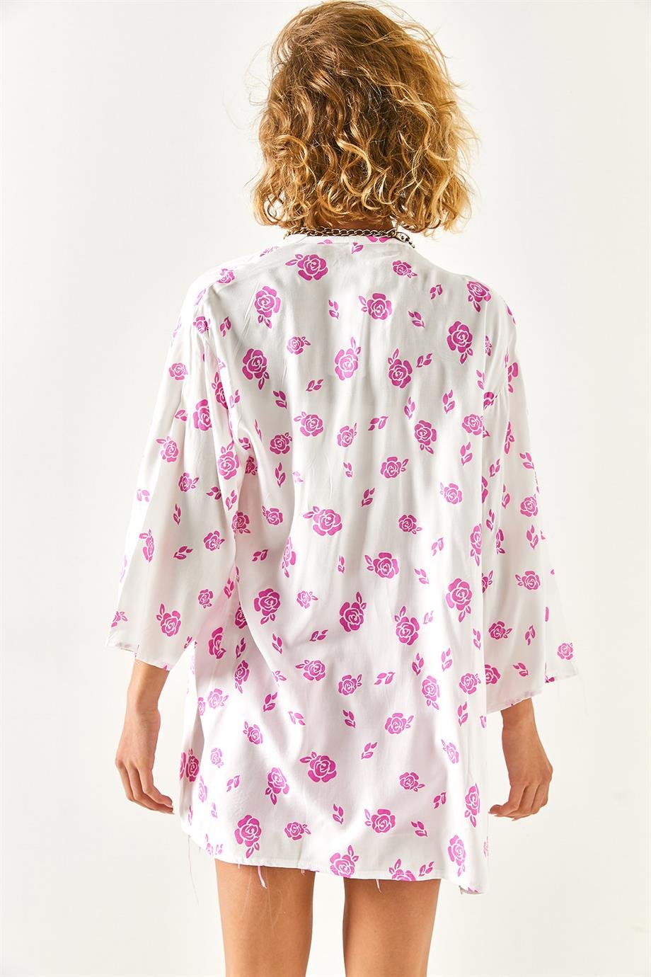 Desenli Dokuma Viskon Kimono Pembe Gül