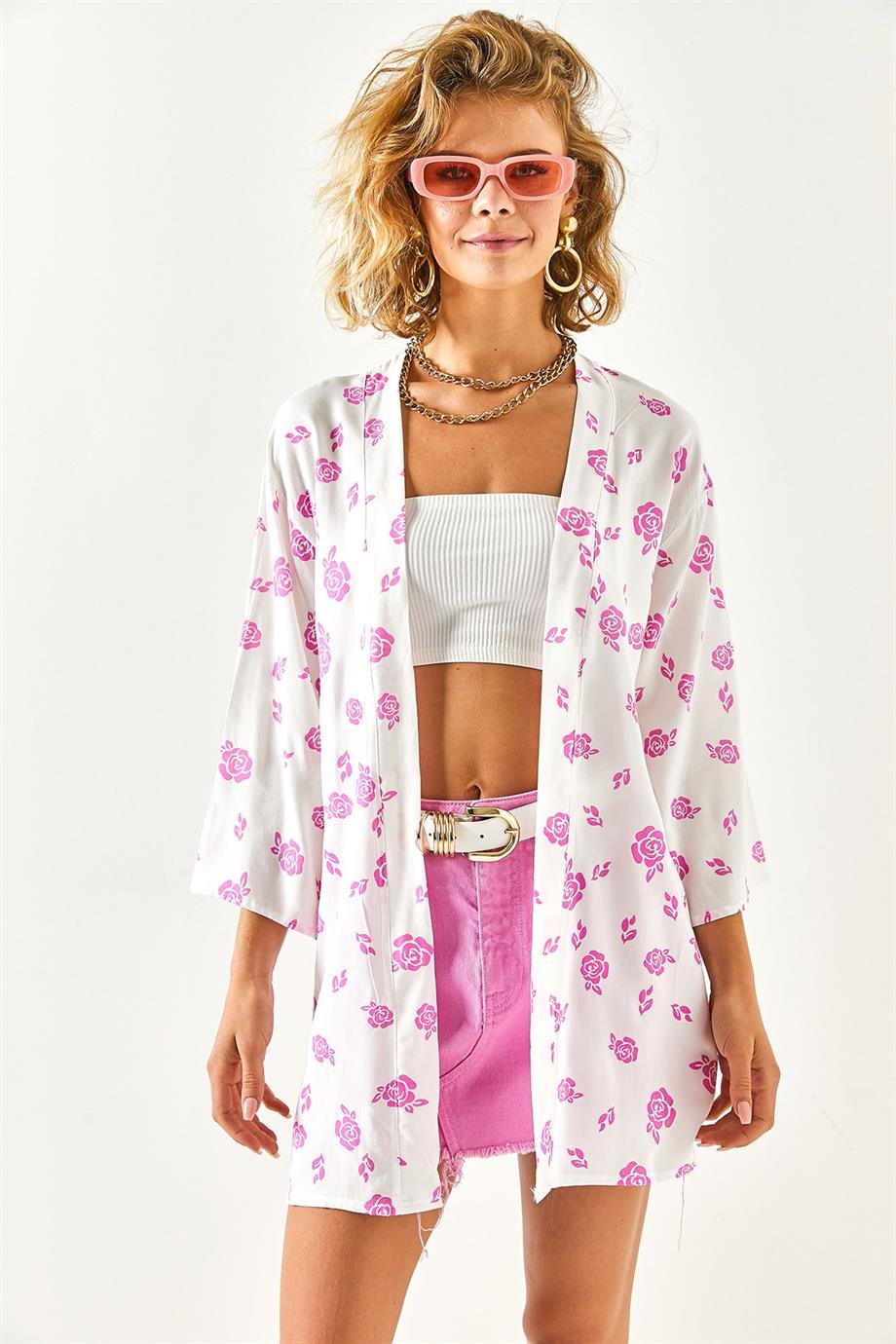 Desenli Dokuma Viskon Kimono Pembe Gül