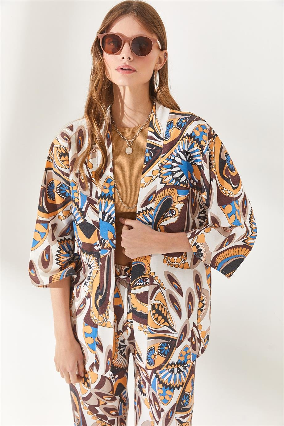 Desenli Keten Kimono Şal Kahverengi