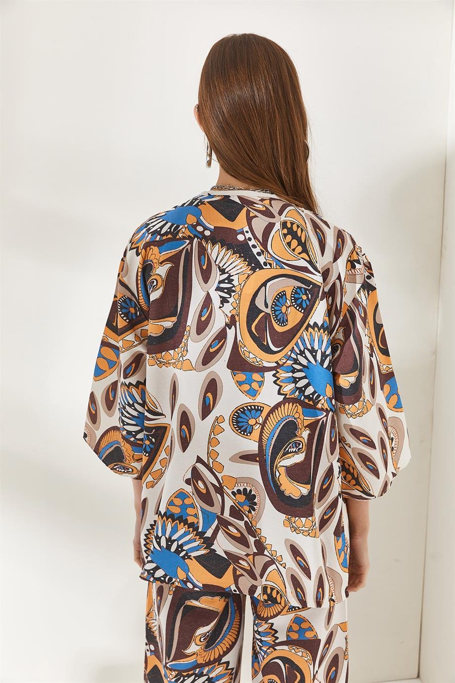 Desenli Keten Kimono Şal Kahverengi