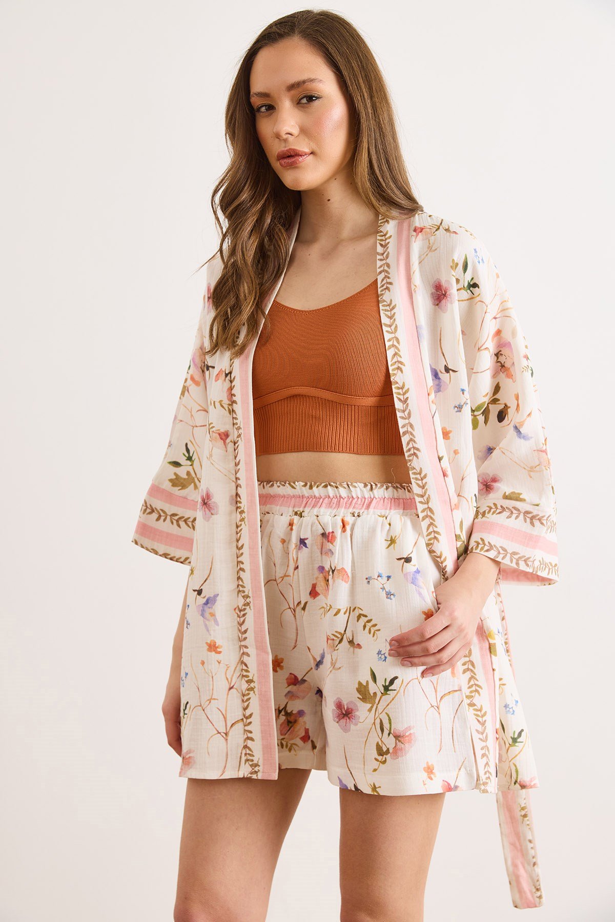 Desenli Müslin Kimono Ekru